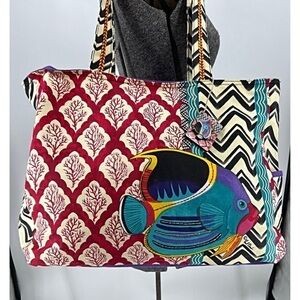 Paul Brent hand painted fish print large canvas Summer beach  tote